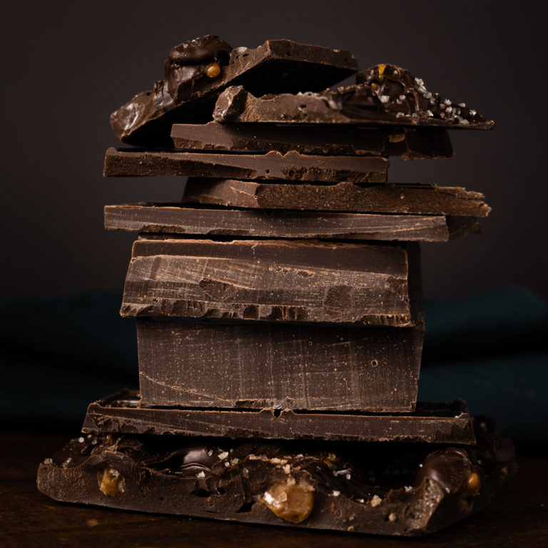 Food photography of a stack of chocolate bars